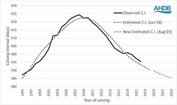 Actual and estimated calving interval by year of calving graph